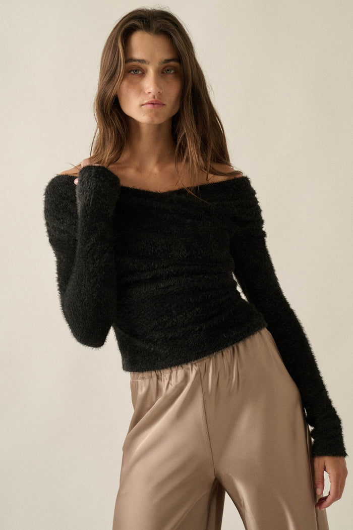 Perfectly Plush Fuzzy Knit Off-Shoulder Crossover Top - ShopPromesa