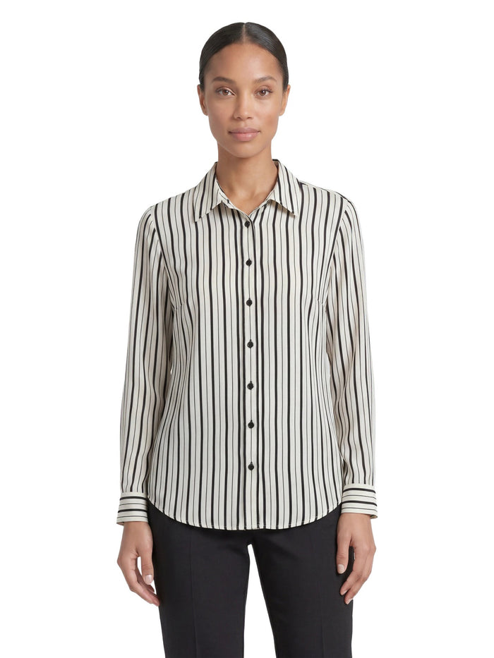Button Front Blouse, Printed Satin, Vanilla Ice/Black | Kasper