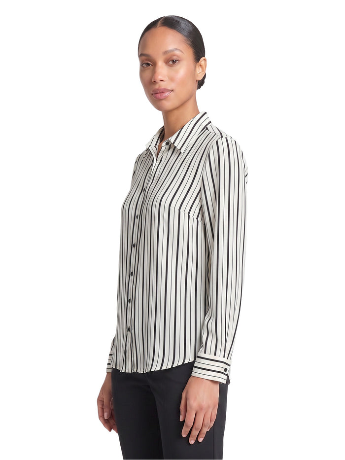 Button Front Blouse, Printed Satin, Vanilla Ice/Black | Kasper