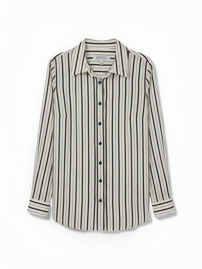 Button Front Blouse, Printed Satin, Vanilla Ice/Black | Kasper