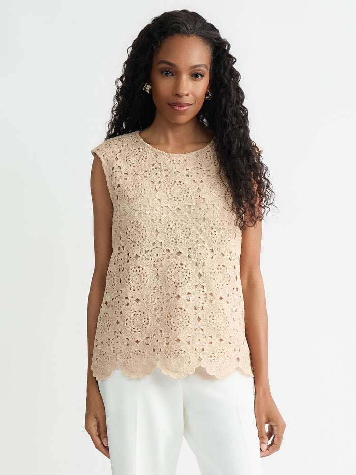Petite Crochet Knit Top, Light Wheat | Kasper