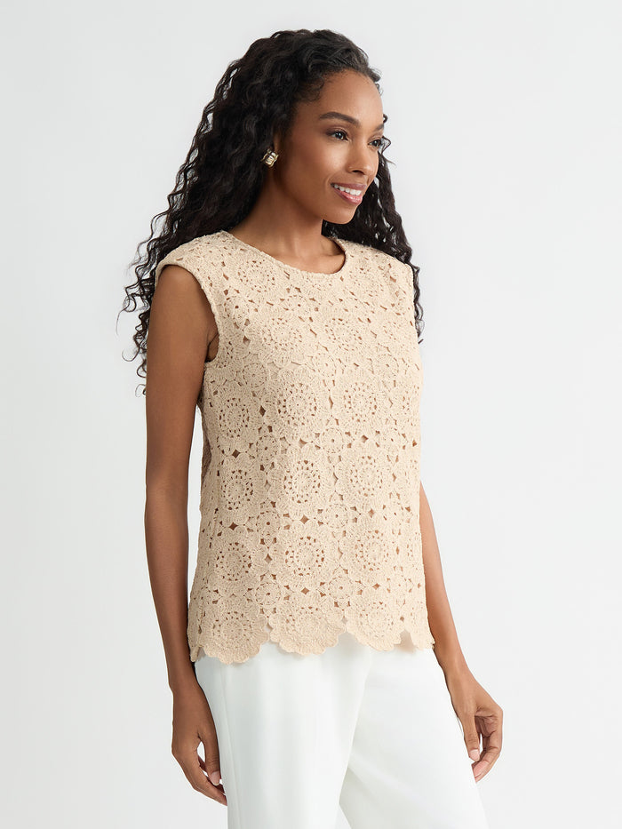 Petite Crochet Knit Top, Light Wheat | Kasper