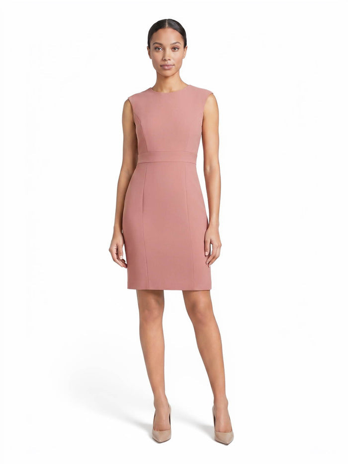 Petite Jewel Neck Waistband Sheath Dress, Stretch Crepe, Tearose | Kasper