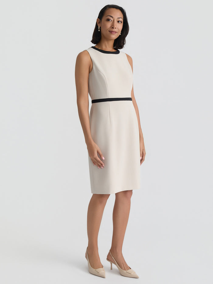 Plus Jewel Neck Waistband Sheath Dress, Stretch Crepe, Parchment/Black | Kasper
