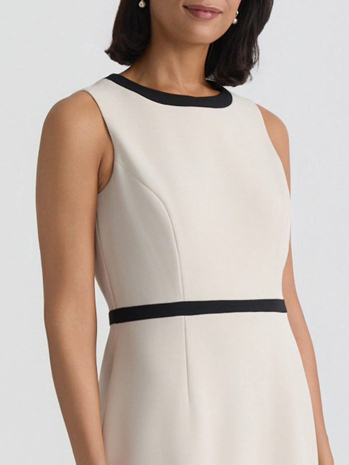 Plus Jewel Neck Waistband Sheath Dress, Stretch Crepe, Parchment/Black | Kasper