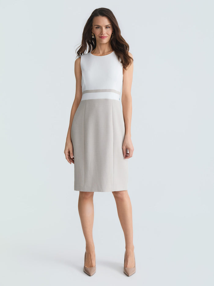 Jewel Neck Waistband Sheath Dress, Lily White/Summer Straw | Kasper