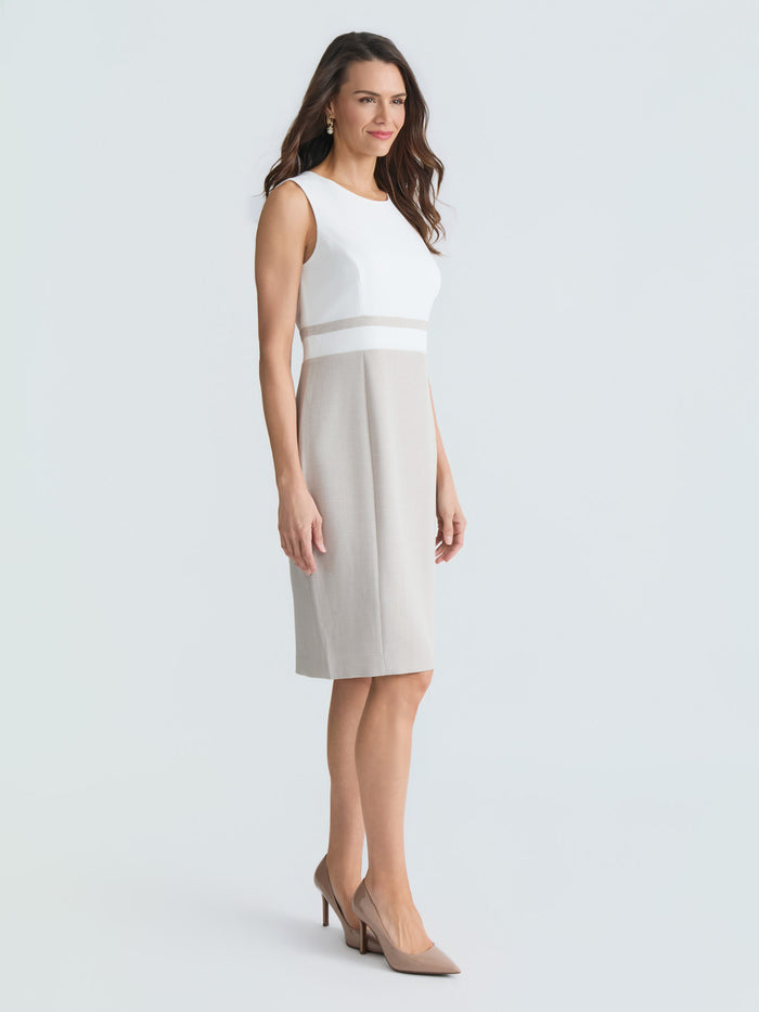 Jewel Neck Waistband Sheath Dress, Lily White/Summer Straw | Kasper