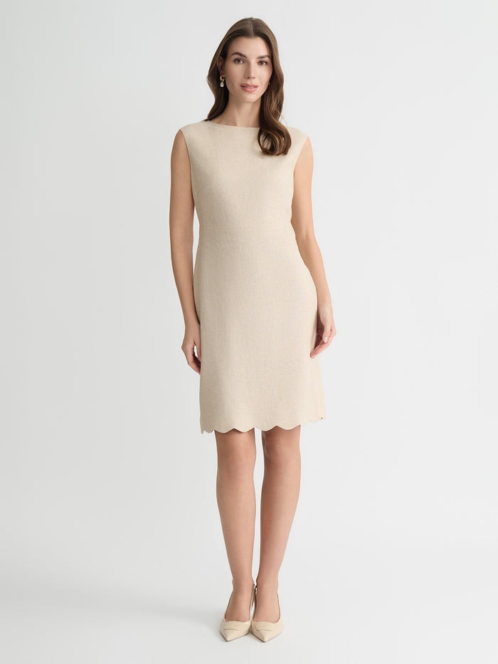 Petite Linen Scallop Hem Sheath Dress, Toasted Wheat/Vanilla Ice | Kasper