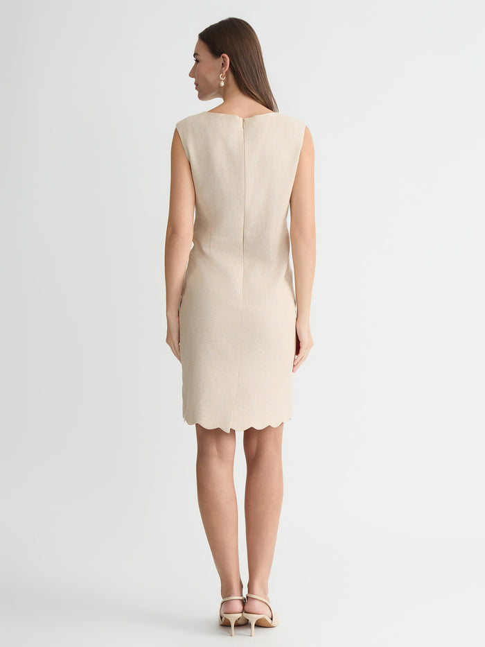 Petite Linen Scallop Hem Sheath Dress, Toasted Wheat/Vanilla Ice | Kasper