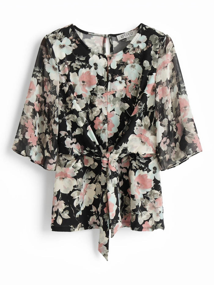 Mixed Media Tie-Front Blouse, Black/Tearose Floral Multi | Kasper