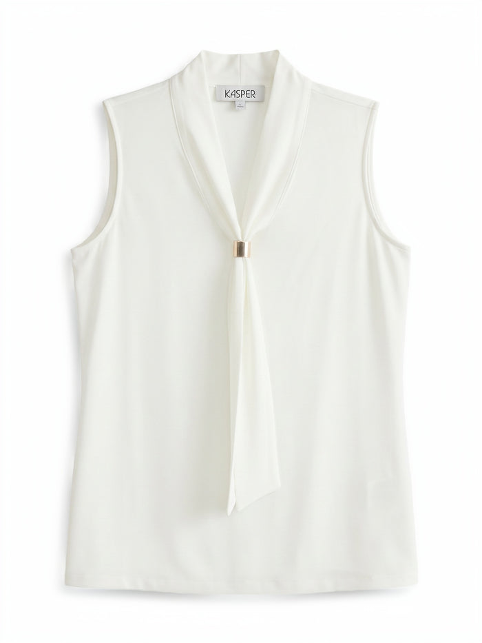 Plus Neck Tie Sleeveless Top, Everyday Knit, Vanilla Ice | Kasper