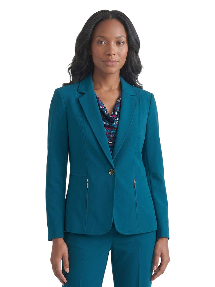 Petite One Button Blazer, Compression Suiting, Bottle Teal | Kasper