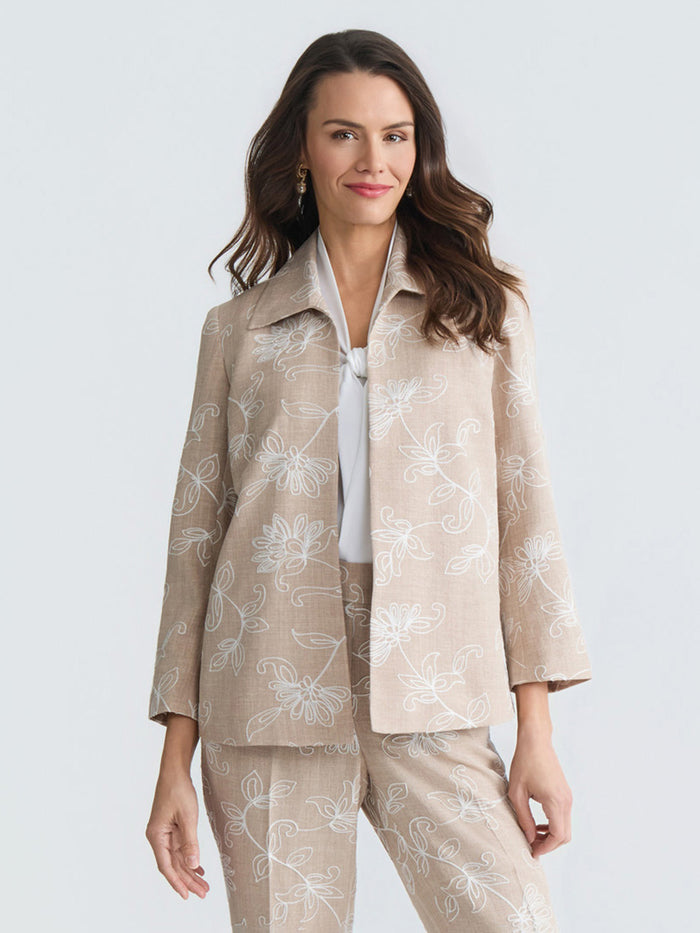 Plus Open Front Embroidered Jacket, Straw Melange/White | Kasper