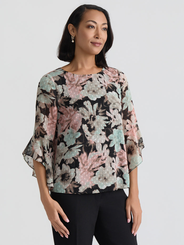 Plus Printed Flounce Sleeve Blouse, Dotted Black/Tearose Floral Multi | Kasper