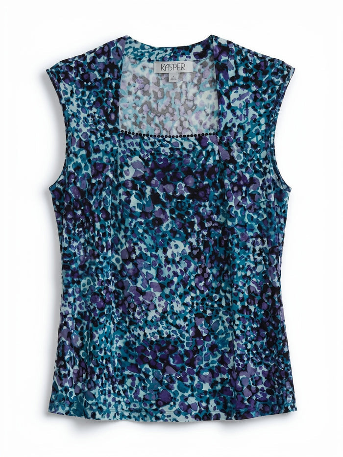 Petite Printed Square Neck Top, Everyday Knit, Bottle Teal/Regal Plum Multi | Kasper