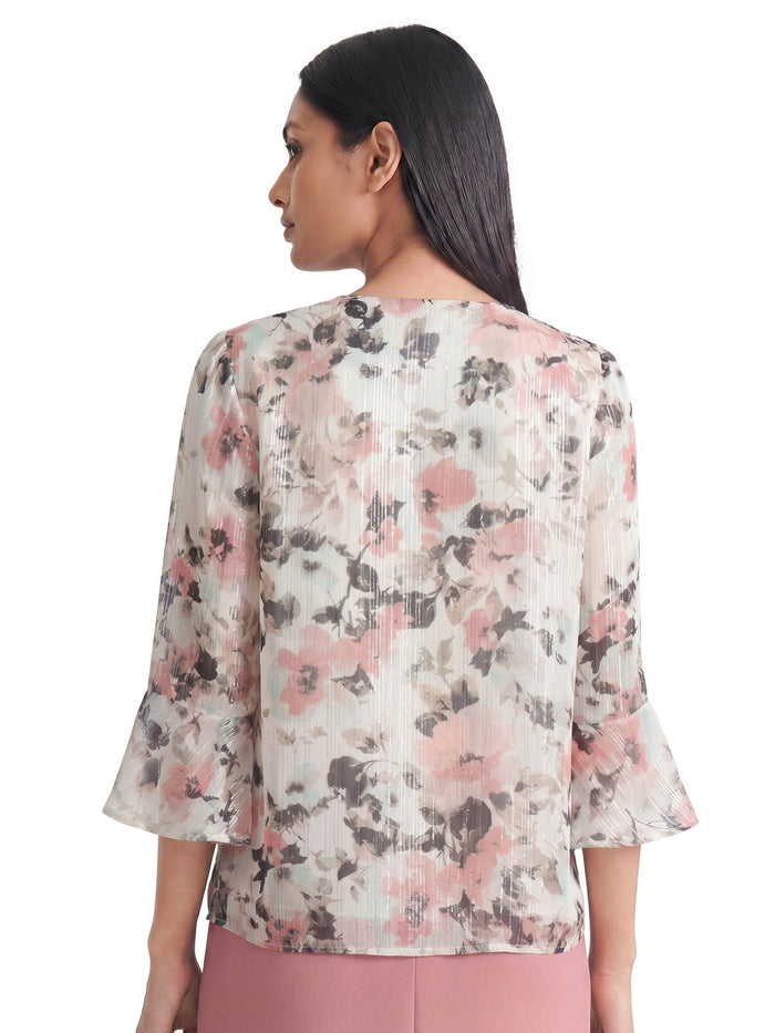 Plus Ruffle Neck Flounce Sleeve Blouse, Vanilla Ice floral Multi | Kasper