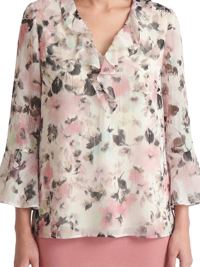 Plus Ruffle Neck Flounce Sleeve Blouse, Vanilla Ice floral Multi | Kasper