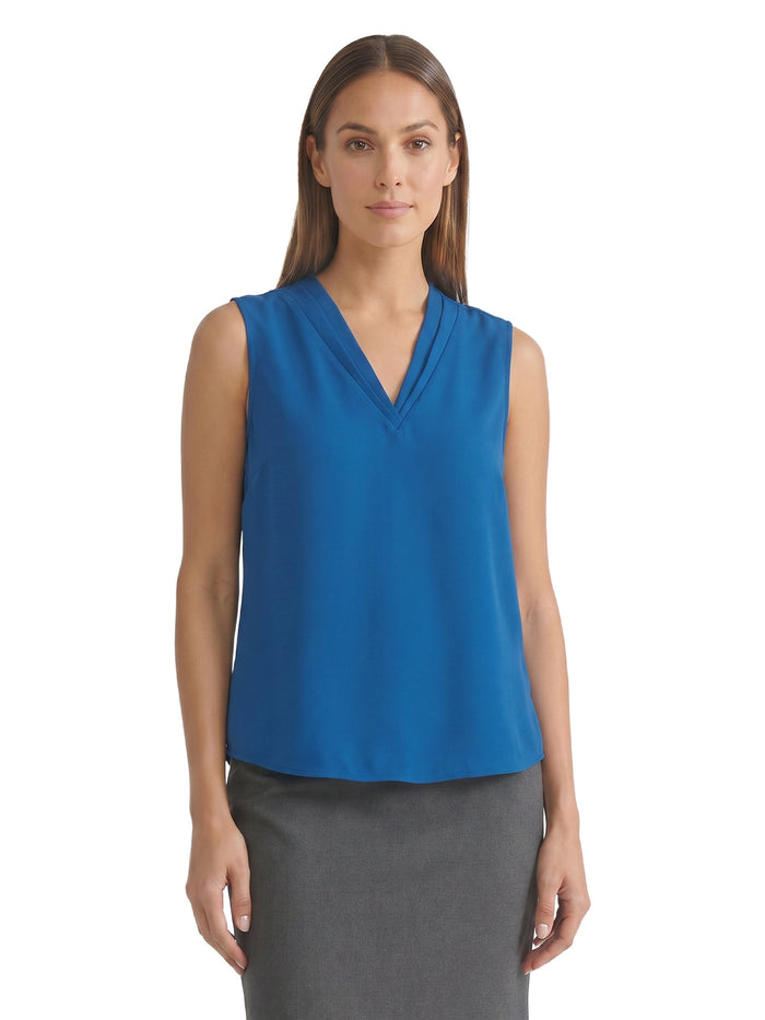 Petite Sleeveless Pleat Neck Blouse, Blue Night | Kasper