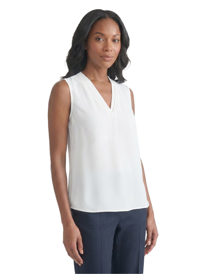 Petite Sleeveless Pleat Neck Blouse, Vanilla Ice | Kasper