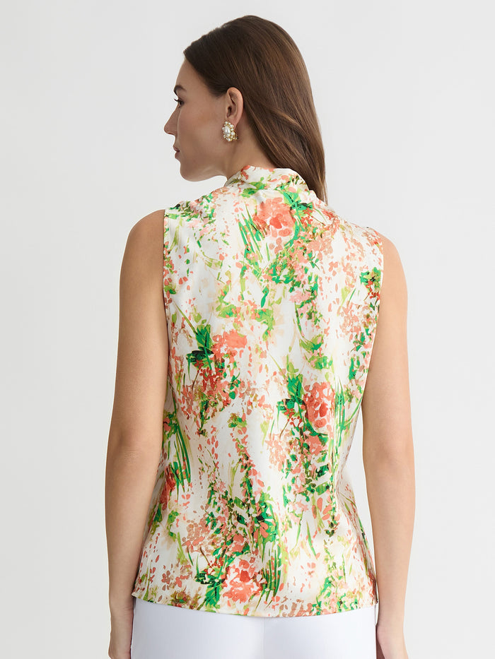 Petite Tie Neck Sleeveless Blouse, Satin, Botanical Vanilla Ice Multi | Kasper