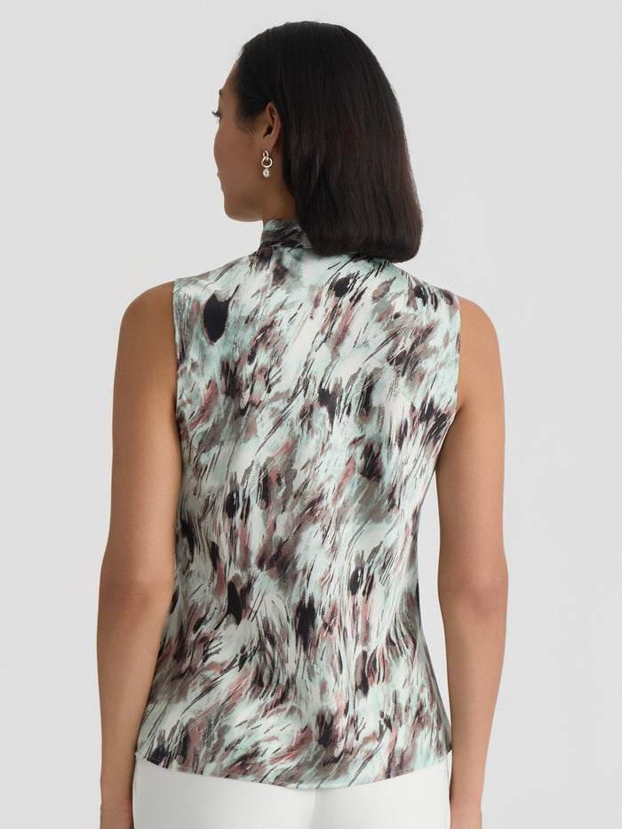 Petite Tie Neck Sleeveless Blouse, Satin, Feathered Sea Glass Multi | Kasper