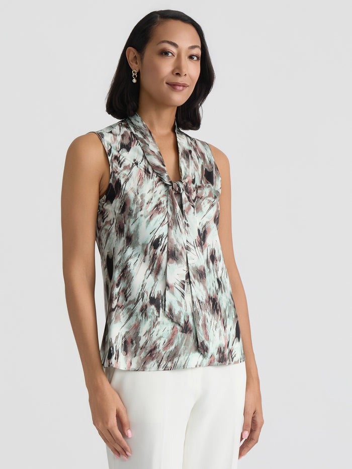 Petite Tie Neck Sleeveless Blouse, Satin, Feathered Sea Glass Multi | Kasper