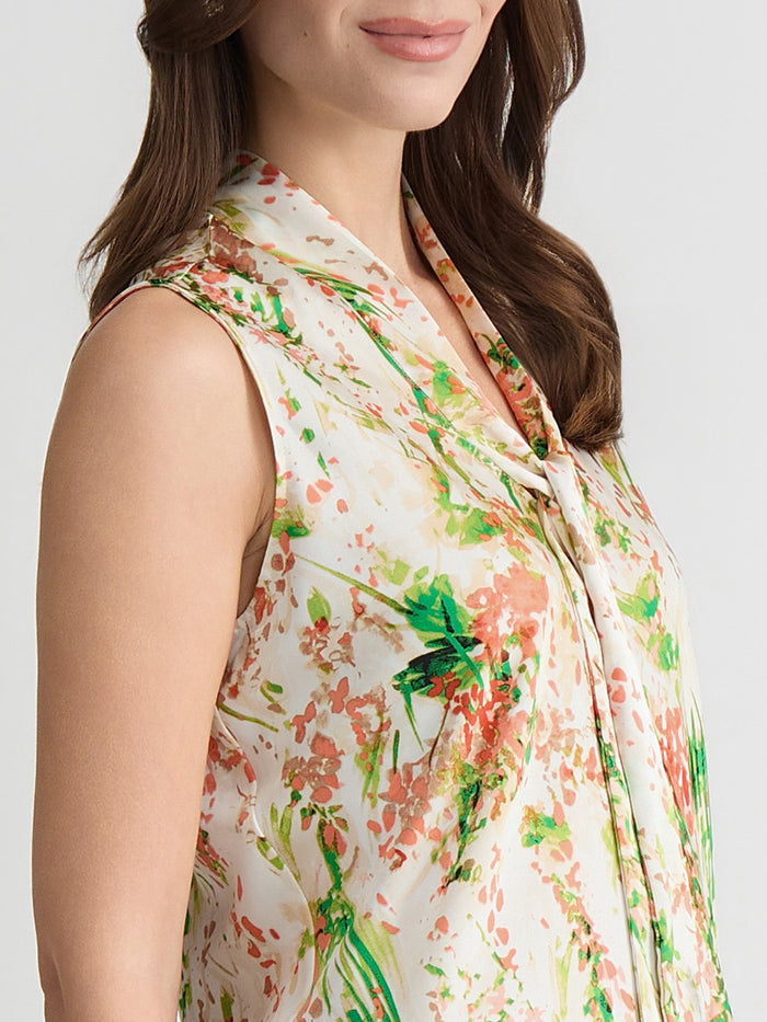 Petite Tie Neck Sleeveless Blouse, Satin, Botanical Vanilla Ice Multi | Kasper
