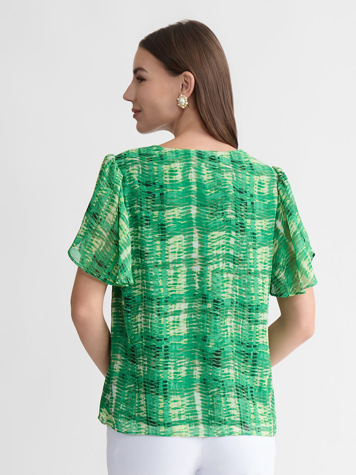 Petite Tulip Sleeve V-Neck Blouse, Lush Green Multi | Kasper