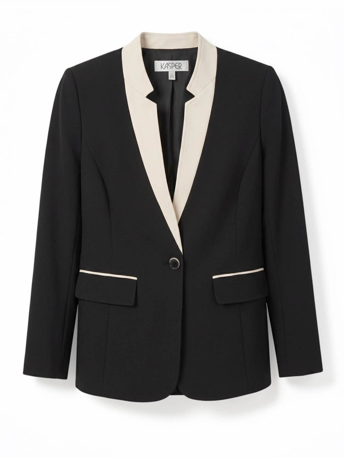 Plus Two Tone One Button Jacket, Stretch Crepe, Black/Parchment | Kasper