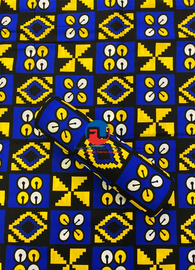 Phoenix HiTarget Guaranteed Wax Block Print Fabric - Blue, Yellow, Black and White