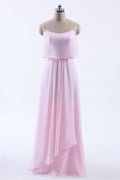Pink Flounce Chiffon Straps A-line Long Bridesmaid Dress