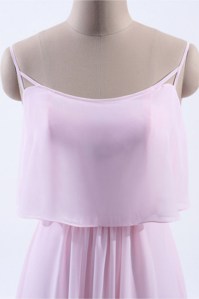 Pink Flounce Chiffon Straps A-line Long Bridesmaid Dress