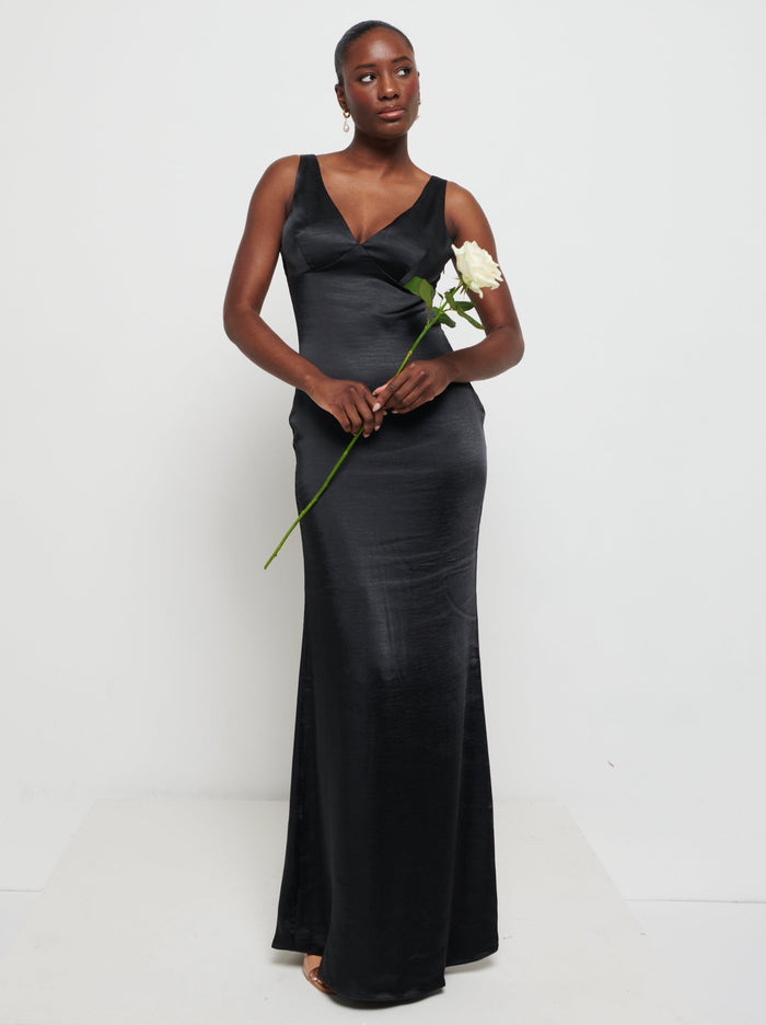 Aurelia is 5'9" & Wears Size UK 8|Piper Maxi Bridesmaid Dress - Matte Black