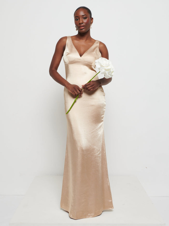 Aurelia is 5'9" & Wears Size UK 8|Piper Maxi Bridesmaid Dress - Matte Bronze