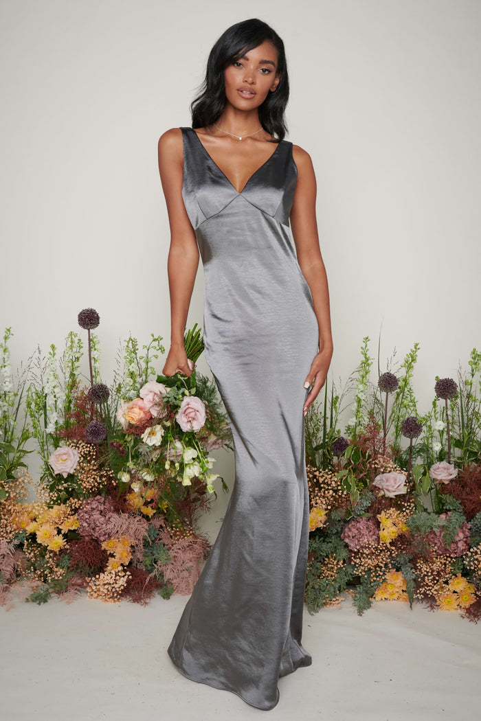 Kayleigh Is 5'7" & Wears Size UK 6|Piper Maxi Bridesmaid Dress - Matte Slate Grey