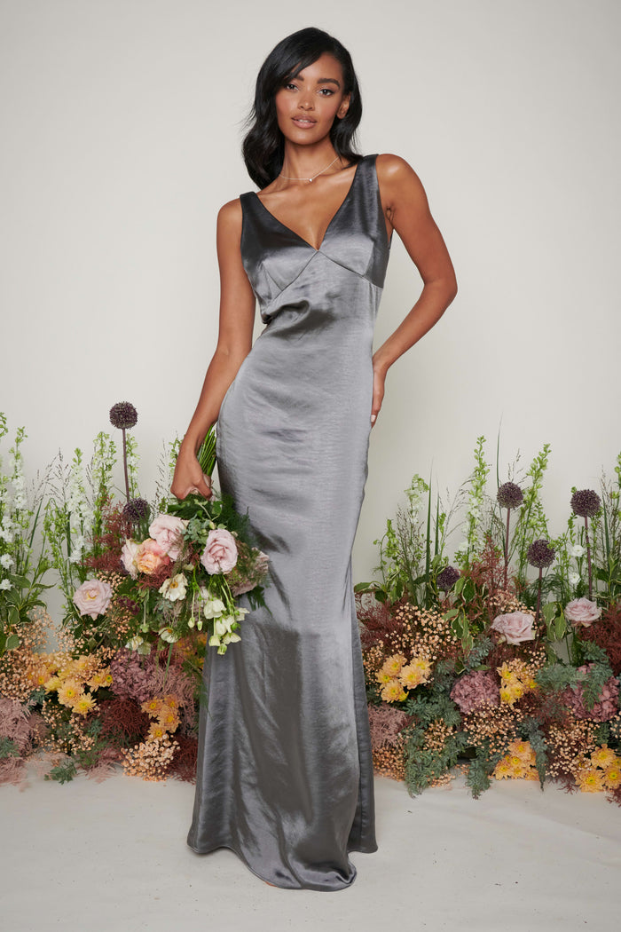 Kayleigh Is 5'7" & Wears Size UK 6|Piper Maxi Bridesmaid Dress - Matte Slate Grey