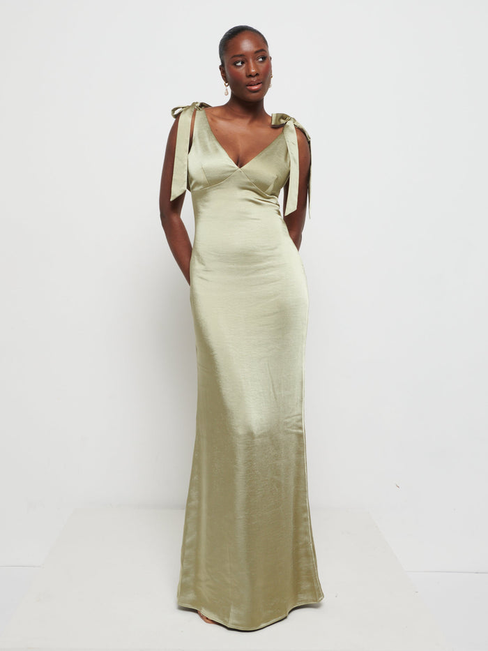 Aurelia is 5'9" & Wears Size UK 8|Piper Tie Maxi Bridesmaid Dress - Matte Olive