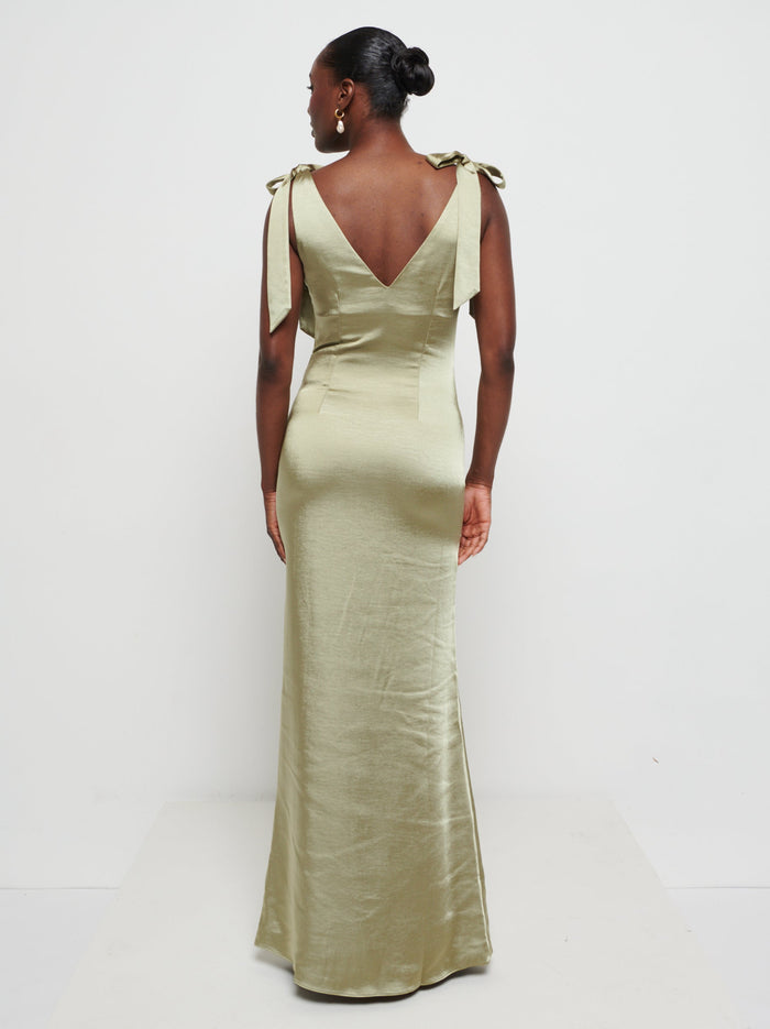 Aurelia is 5'9" & Wears Size UK 8|Piper Tie Maxi Bridesmaid Dress - Matte Olive
