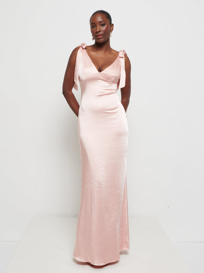Aurelia is 5'9" & Wears Size UK 8|Piper Tie Maxi Bridesmaid Dress - Matte True Blush
