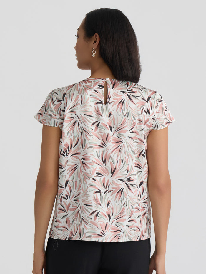 Pleat Neck Top, Vanilla Ice/Tearose Botanical Multi | Kasper