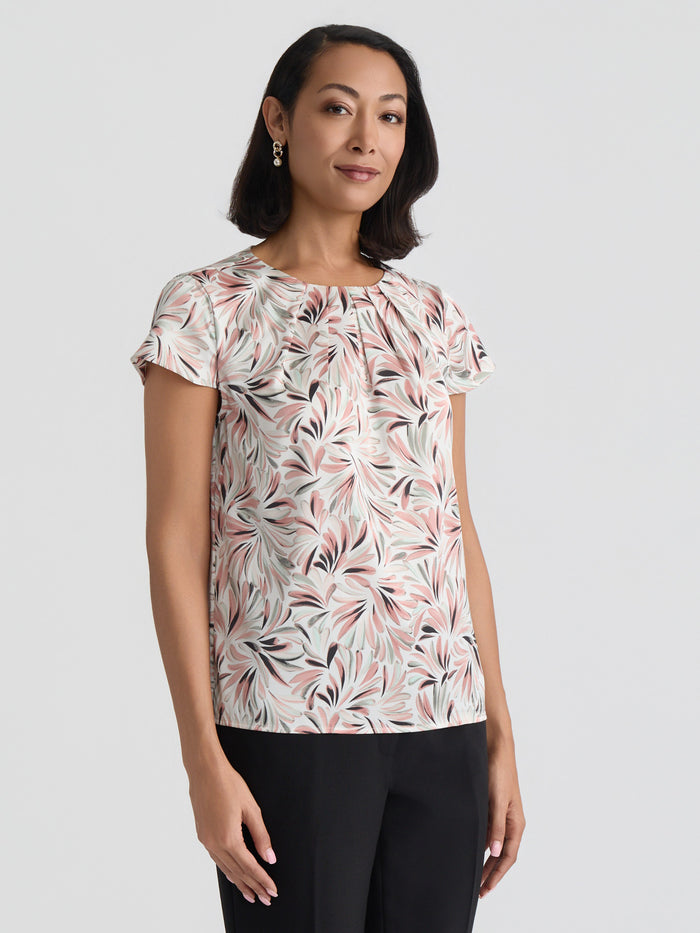 Pleat Neck Top, Vanilla Ice/Tearose Botanical Multi | Kasper