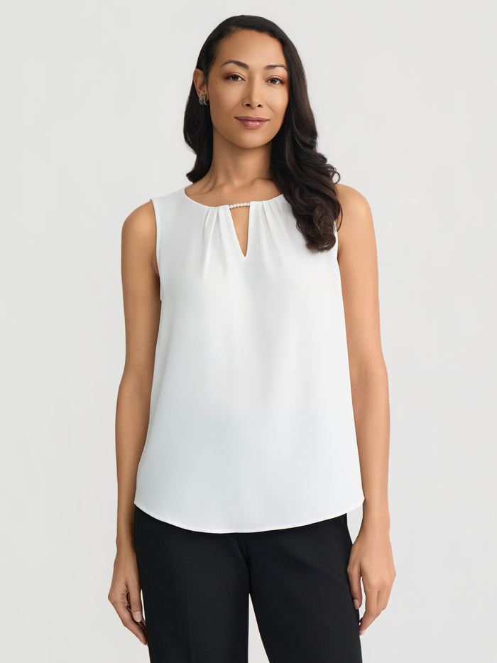 Pleat V-Neck Tank, Lily White | Kasper