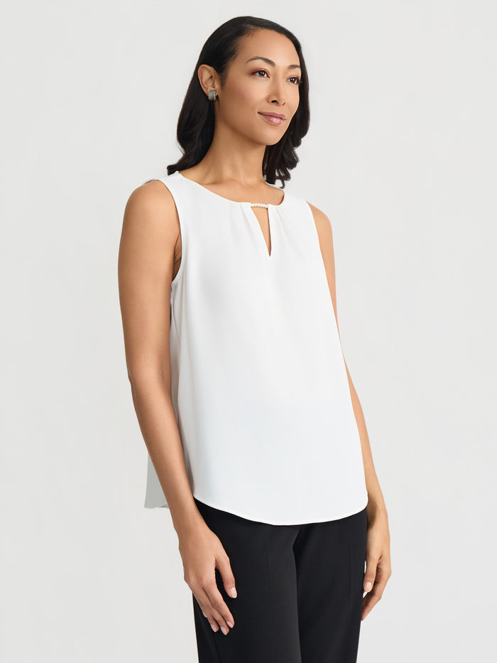 Pleat V-Neck Tank, Lily White | Kasper