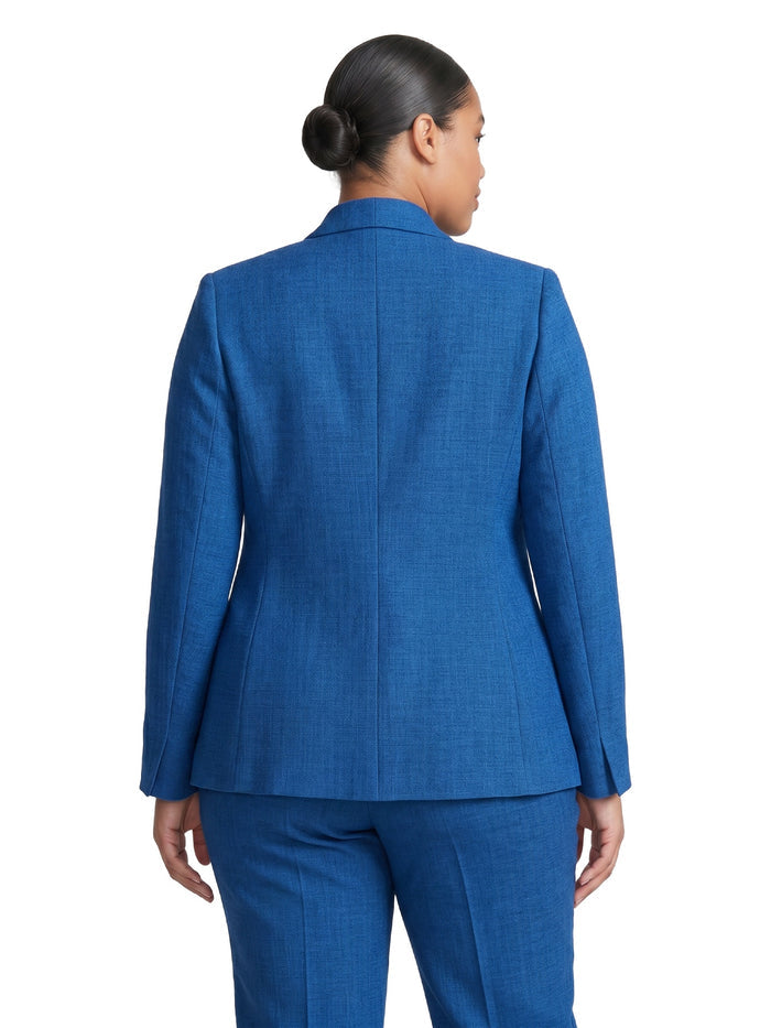 Plus Collarless One Button Jacket, Pebble Crepe, Blue Night Melange | Kasper