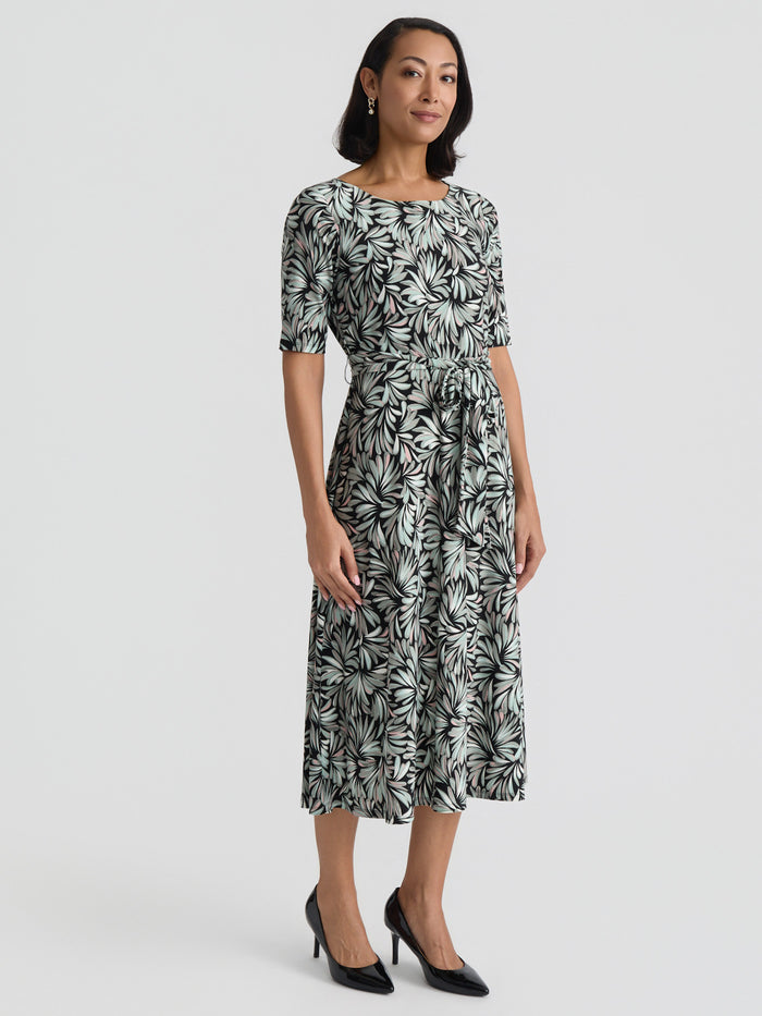 Plus Crew Neck Tie Waist Flare Dress, Everyday Knit, Black/Sea Glass Botanical Multi | Kasper