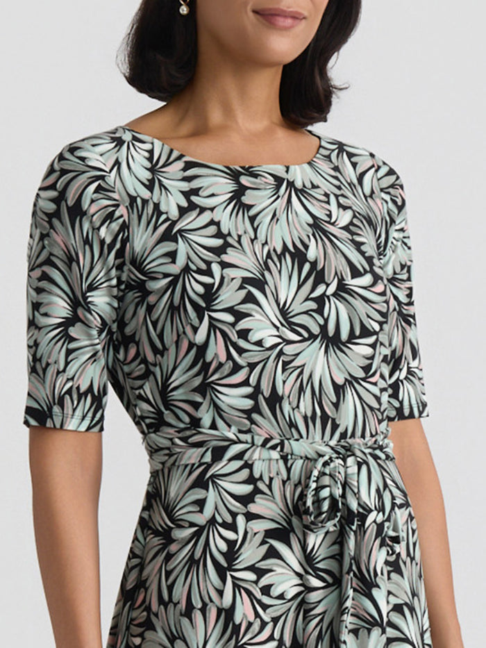Plus Crew Neck Tie Waist Flare Dress, Everyday Knit, Black/Sea Glass Botanical Multi | Kasper