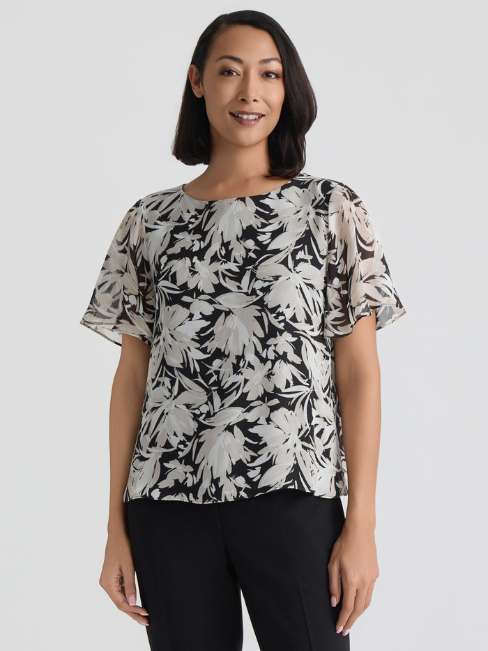 Plus Flared Short Sleeve Blouse, Summer Straw Floral Multi | Kasper
