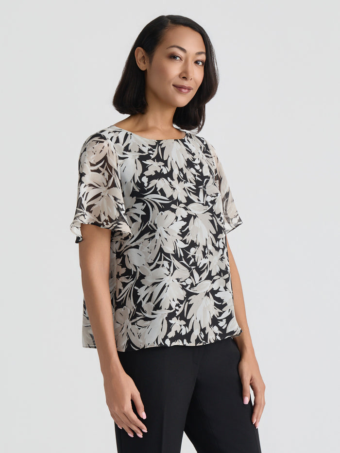 Plus Flared Short Sleeve Blouse, Summer Straw Floral Multi | Kasper