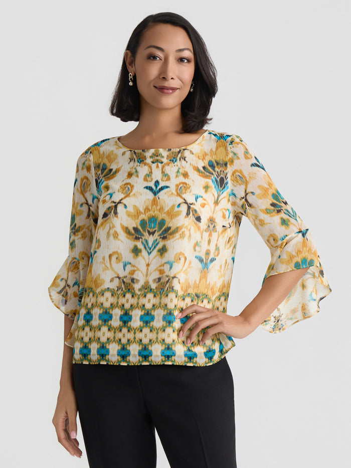 Plus Flounce Sleeve Blouse, Butterscotch Medallion | Kasper