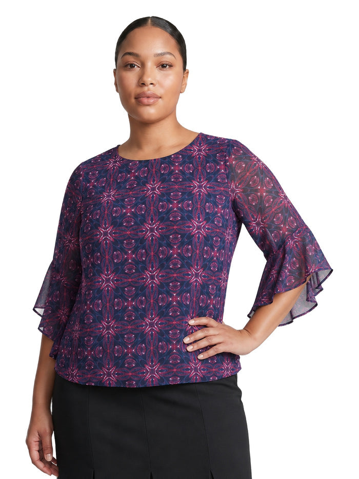 Plus Flounce Sleeve Blouse, Black Multi | Kasper